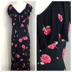 Billabong Floral Black Maxi Dress Ruffle Top EUC L